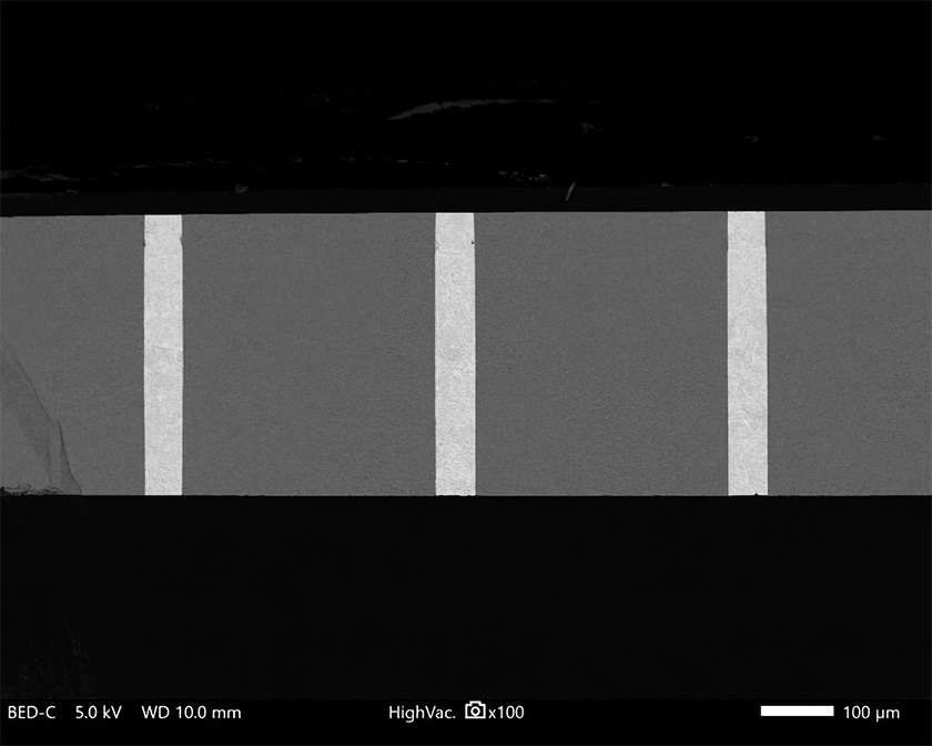 Cross-section of voidless embedded plating for TSV and TGV technologies.